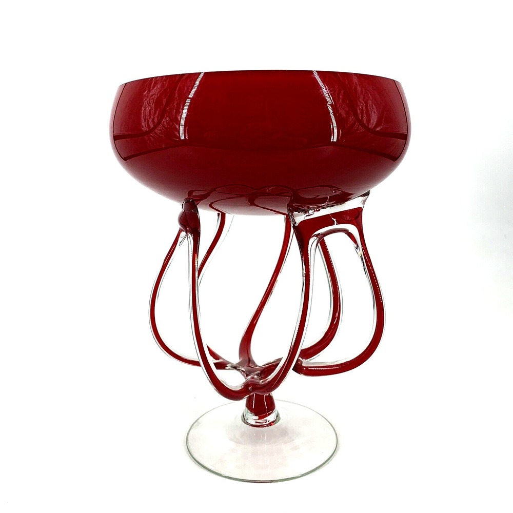 VTG Krosno Handblown‎ Glass Art Red Jellyfish Octopus Pedestal Bowl Vase 10.5"